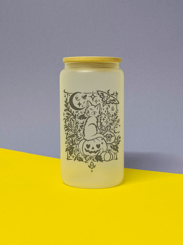 Halloween Witch Cat Trinkglas mit Bambusdeckel inkl. Glasstrohhalm und Reinigungsbürste