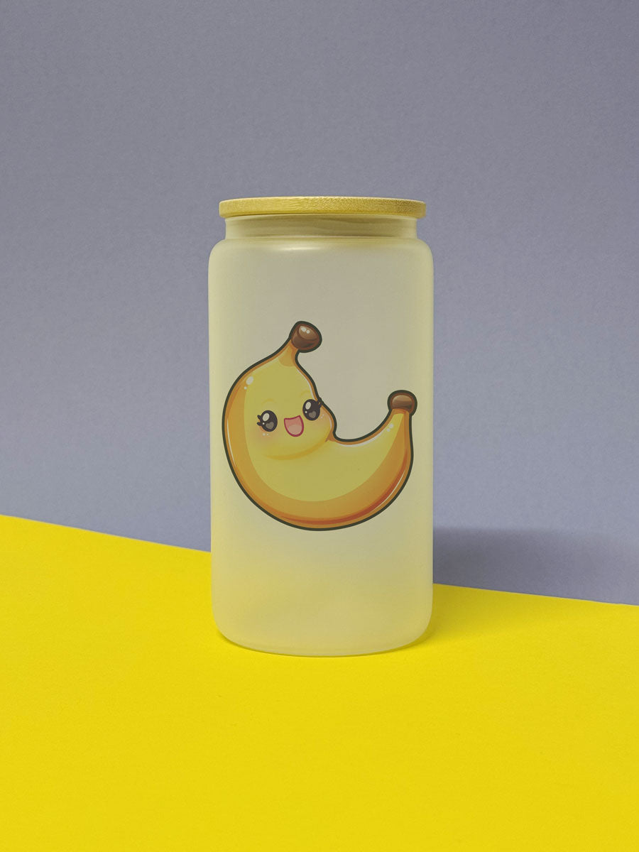 Kawaii Banana Trinkglas mit Bambusdeckel inkl. Glasstrohhalm und Reinigungsbürste