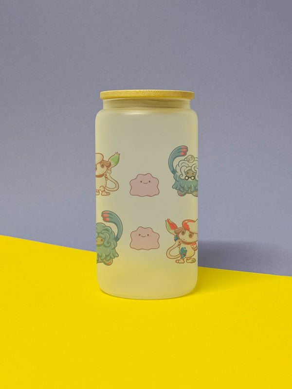 Kawaii Monster Ditto Tangoloss Farbeagle Trinkglas mit Bambusdeckel inkl. Glasstrohhalm und Reinigungsbürste
