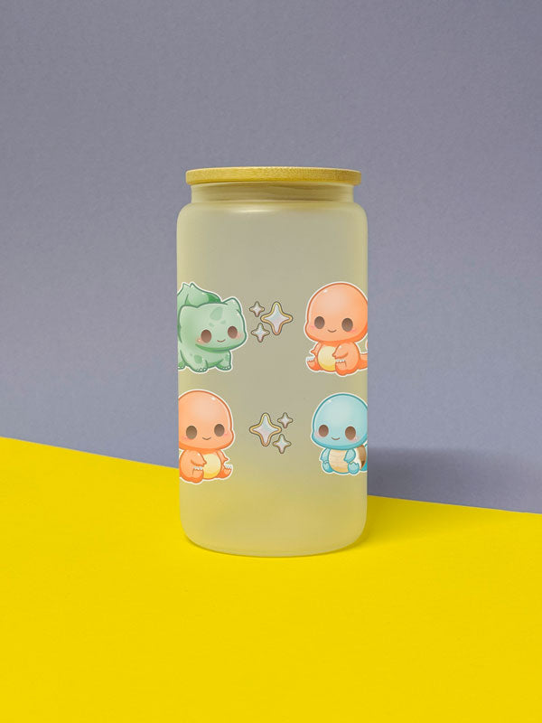 Kawaii Monster Kanto Starter Trinkglas mit Bambusdeckel inkl. Glasstrohhalm und Reinigungsbürste
