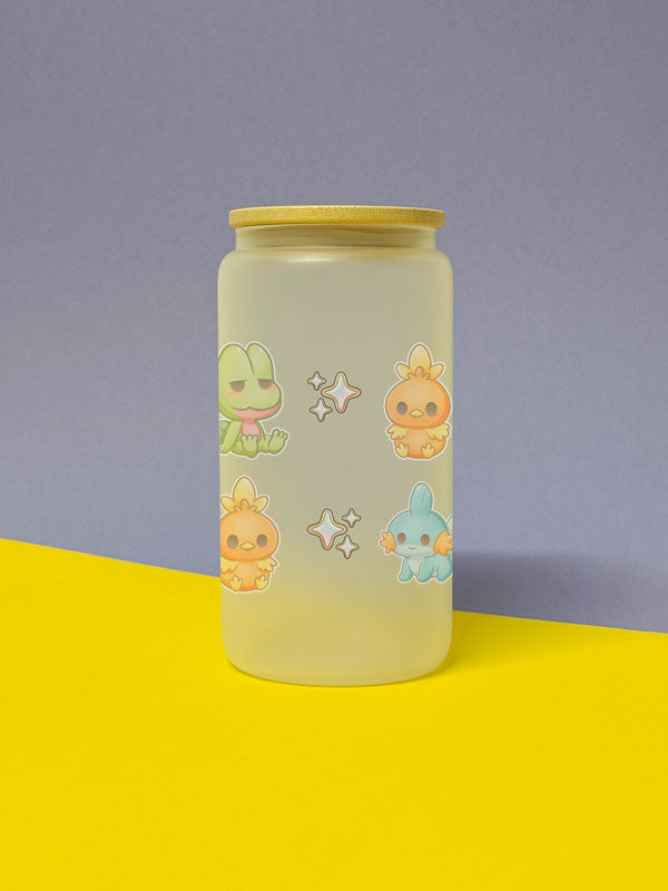 Kawaii Monster Hoenn Starter Trinkglas mit Bambusdeckel inkl. Glasstrohhalm und Reinigungsbürste