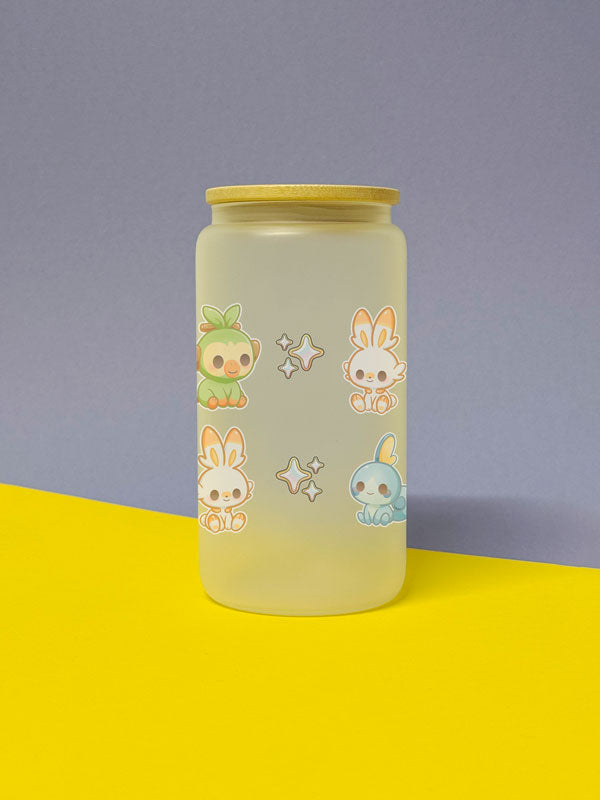 Kawaii Monster Galar Starter Trinkglas mit Bambusdeckel inkl. Glasstrohhalm und Reinigungsbürste