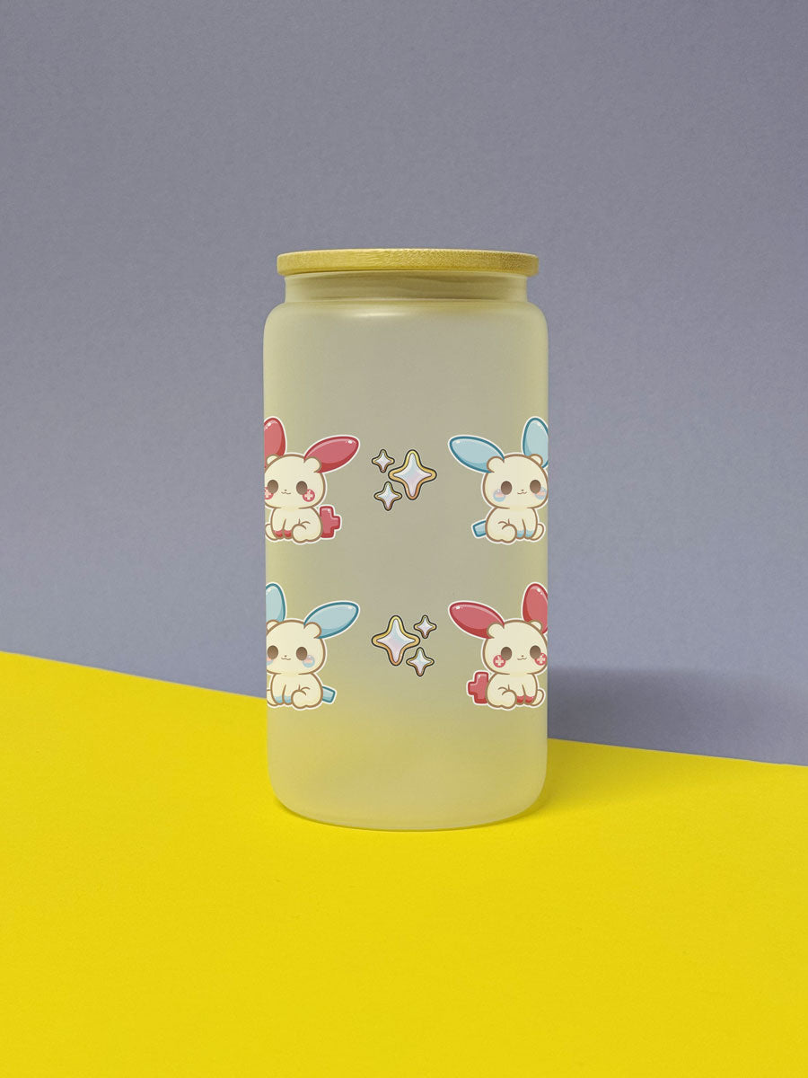 Kawaii Monster Minun Plusle Trinkglas mit Bambusdeckel inkl. Glasstrohhalm und Reinigungsbürste