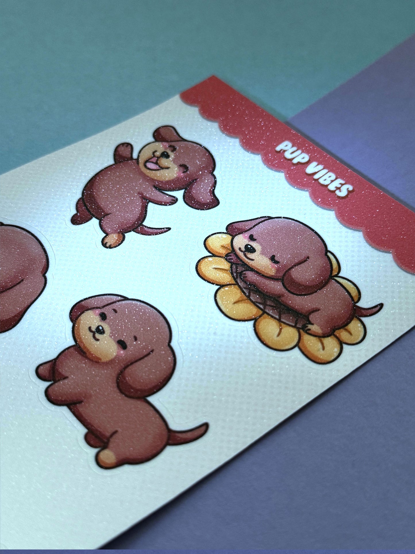 Kawaii Pup Dachshund Stickerbogen Holo Glitter Finish