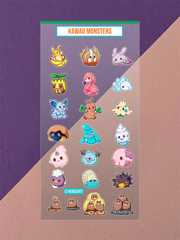 Kawaii Monster Mini Stickerbogen Clear Backing V8