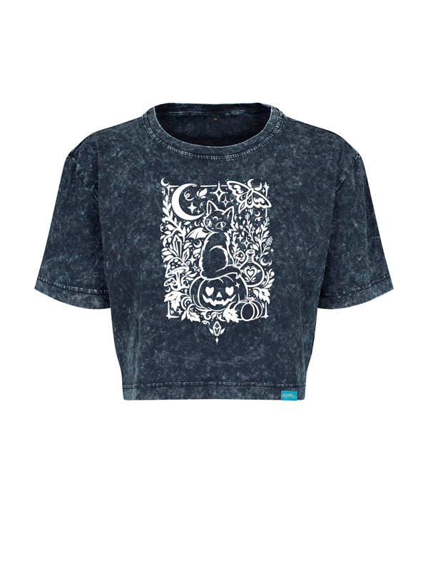 Halloween Witch Cat Urban Wash Cropped Tee