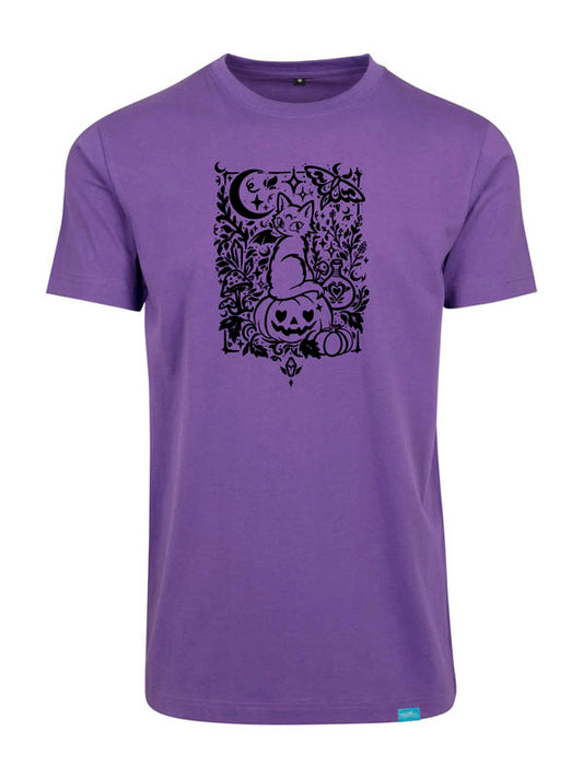 Halloween Witch Cat Society Round Neck T-Shirt Violet