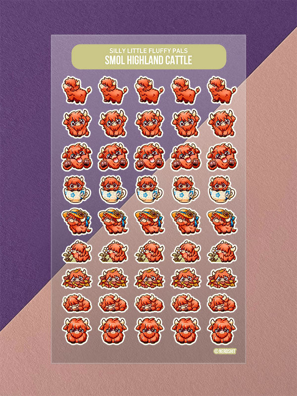 Silly Little Fluffy Pals Highland Cattle Mini Stickerbogen Clear Backing