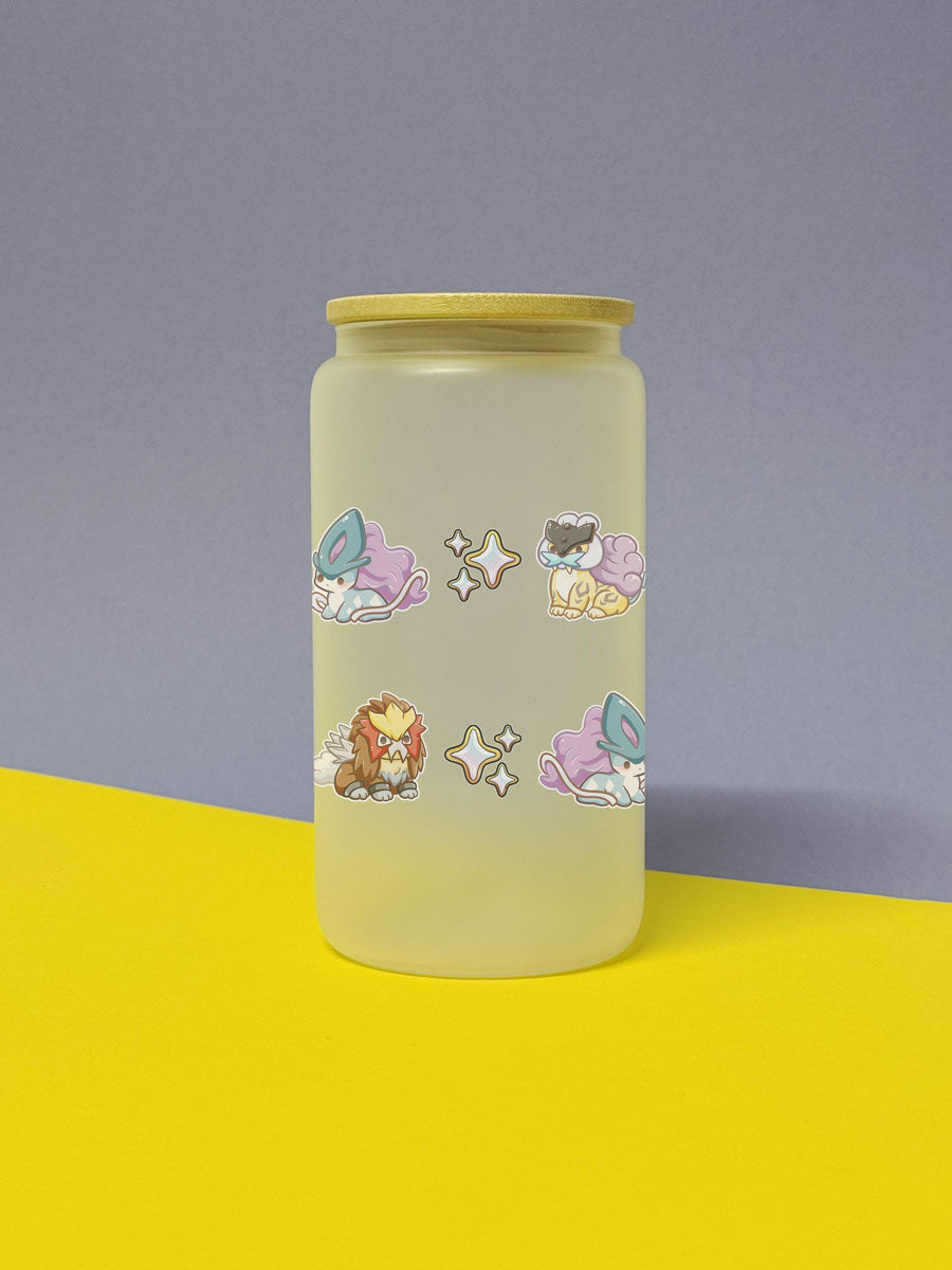 Kawaii Monster Bestien Trinkglas mit Bambusdeckel inkl. Glasstrohhalm und Reinigungsbürste