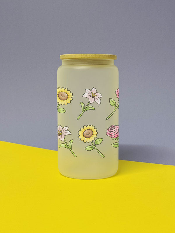 Flower Power Trinkglas mit Bambusdeckel inkl. Glasstrohhalm und Reinigungsbürste