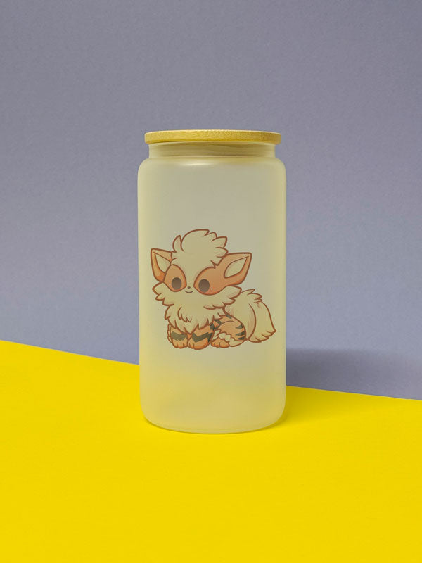 Kawaii Monster Fukano / Arkani Trinkglas mit Bambusdeckel inkl. Glasstrohhalm und Reinigungsbürste