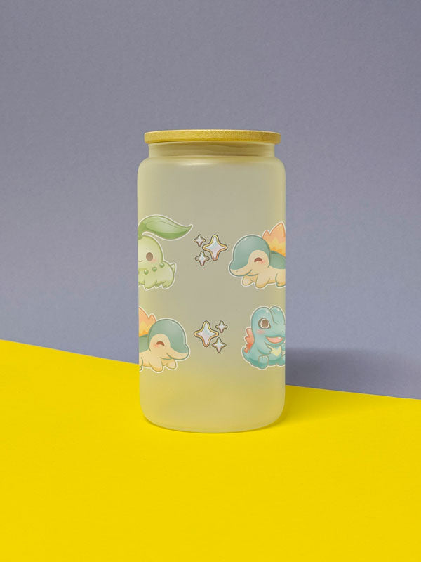 Kawaii Monster Johto Starter Trinkglas mit Bambusdeckel inkl. Glasstrohhalm und Reinigungsbürste