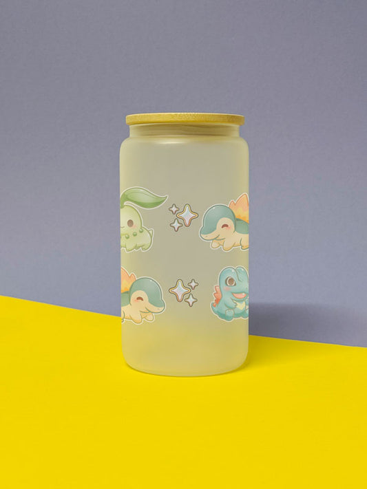 Kawaii Monster Johto Starter Trinkglas mit Bambusdeckel inkl. Glasstrohhalm und Reinigungsbürste