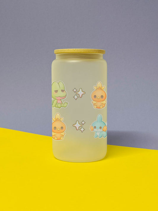 Kawaii Monster Hoenn Starter Trinkglas mit Bambusdeckel inkl. Glasstrohhalm und Reinigungsbürste