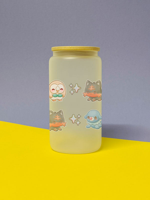 Kawaii Monster Alola Starter Trinkglas mit Bambusdeckel inkl. Glasstrohhalm und Reinigungsbürste