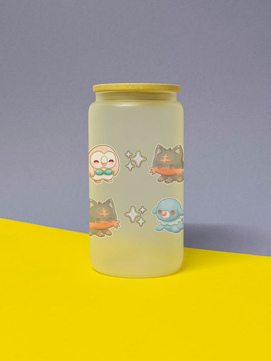 Kawaii Monster Alola Starter Trinkglas mit Bambusdeckel inkl. Glasstrohhalm und Reinigungsbürste