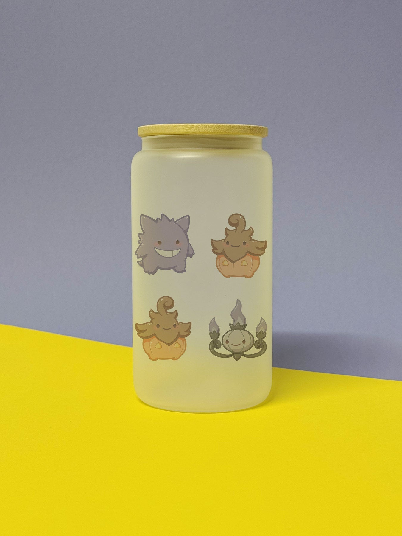 Kawaii Monster Trinkglas verschiedene Varianten mit Bambusdeckel inkl. Glasstrohhalm und Reinigungsbürste