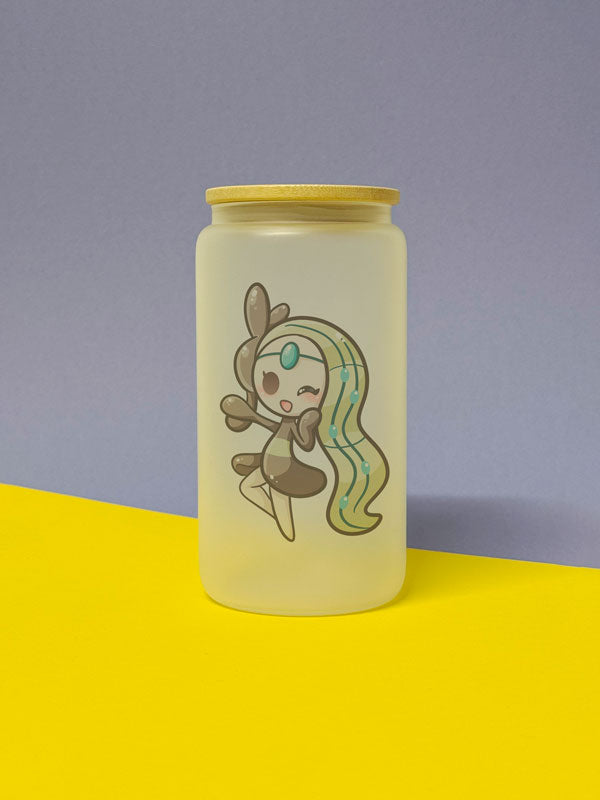Kawaii Monster Meloetta Trinkglas mit Bambusdeckel inkl. Glasstrohhalm und Reinigungsbürste