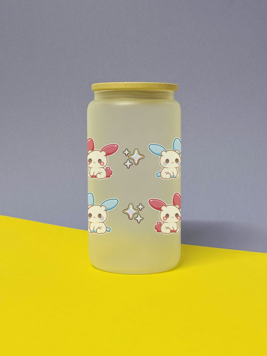 Kawaii Monster Minun Plusle Trinkglas mit Bambusdeckel inkl. Glasstrohhalm und Reinigungsbürste