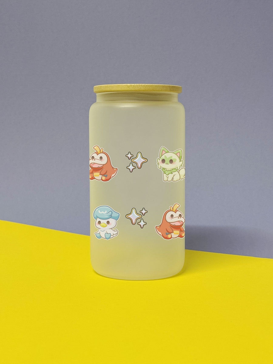 Kawaii Monster Paldea Starter Trinkglas mit Bambusdeckel inkl. Glasstrohhalm und Reinigungsbürste