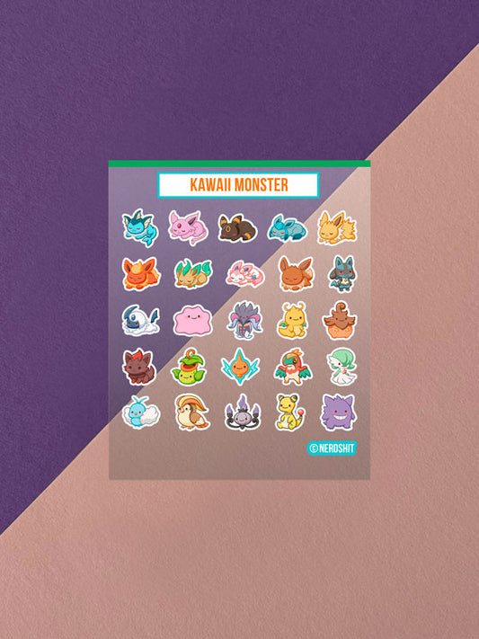 Kawaii Monster Mini Stickerbogen Clear Backing V1
