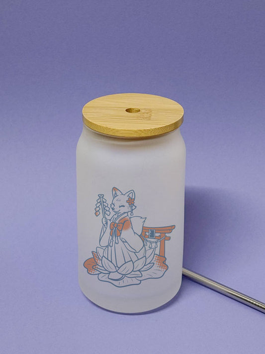 Floating Shrine Trinkglas mit Bambusdeckel inkl. Glasstrohhalm und Reinigungsbürste