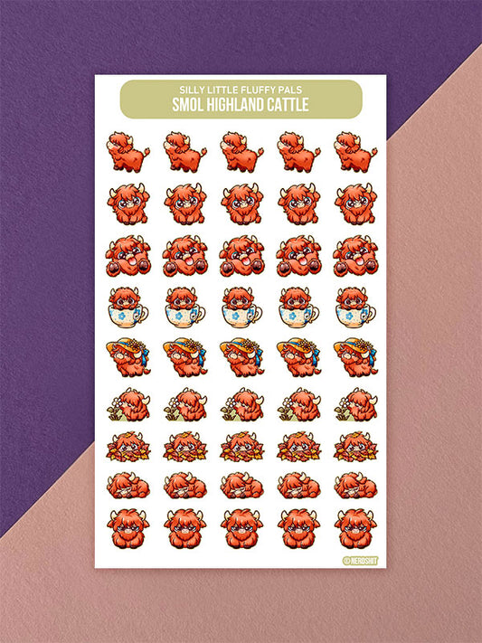Silly Little Fluffy Pals Highland Cattle – Kleine beschreibbare Deko-Sticker für Planer & Journals