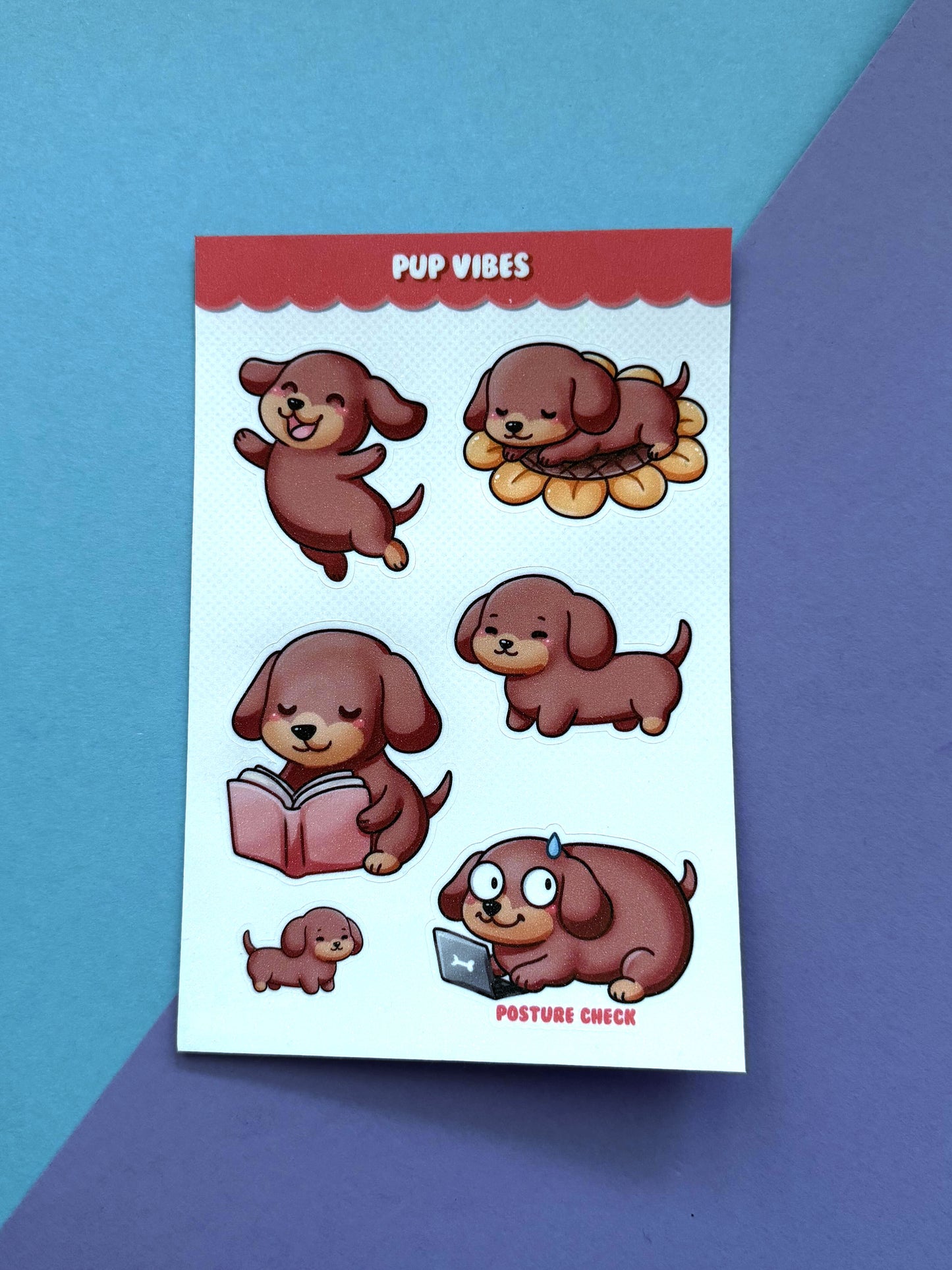 Kawaii Pup Dachshund Stickerbogen Holo Glitter Finish