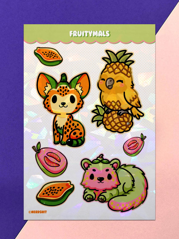 Fruitymals - Binturong Papagei Serval Stickerbogen Holo Finish